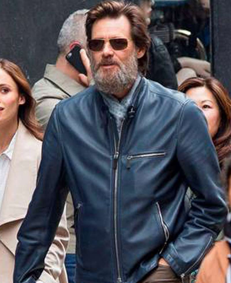 Jim Carrey Zipper Design Blue Leather Jacket